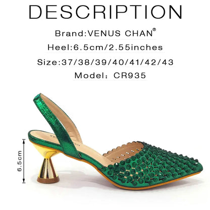 High Heels for Lady 2023 Luxury Designer Green Color Full Diamond Pointed Toe Wedding Shoe and Bag Set for Party