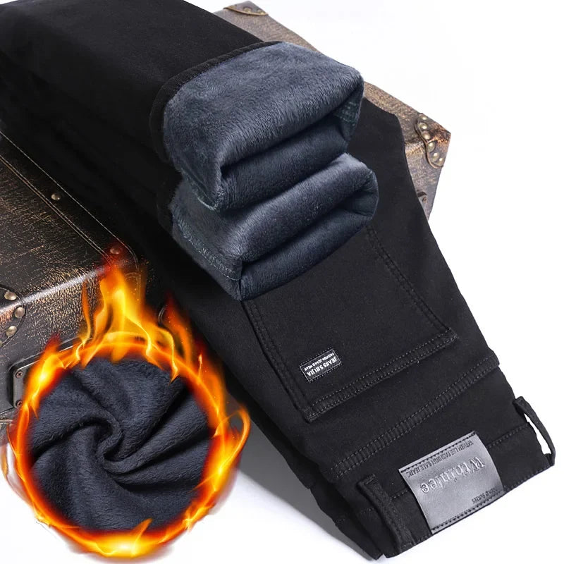 Men New Winter Classics Fleece Thick Warm Jeans Men's Loose Straight Elastic Denim Pants Casual Plush Trousers Large Size 28-40