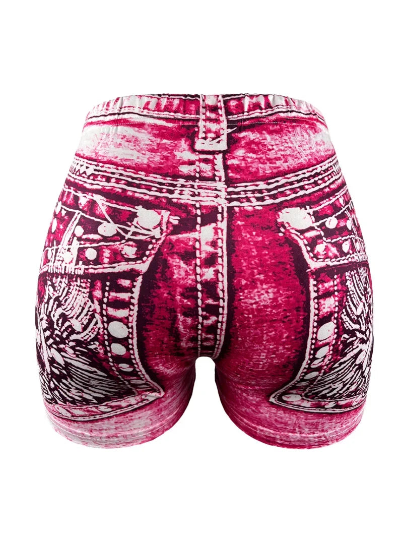 Women's Faux Denim Print High Stretch Slim Shorts, Versatile Yoga Shorts, Polyester Non-Denim Material