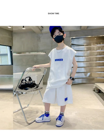 Summer Boys Waffle Alphabet Sleeveless t-Shirt Tops+Short Pants Set School Kids Tracksuit Child 2PCS Outfit Jogger Suit 5-16 Yrs