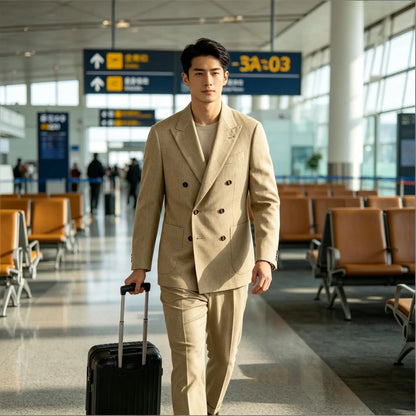 Men's Linen Double Breasted Blazer Peak Lapel Casual Business Suit Jacket With Patch Pockets For Daily Office Wear