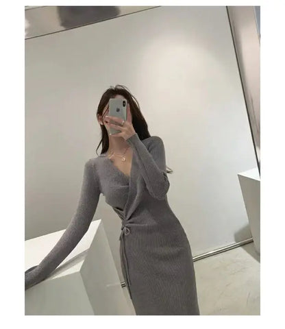 Chic V-ne Knitted Wrap Waist Slimming Mid-length A-line Dr Women's Sweater Dr Korean Sle High Waist Long Sve