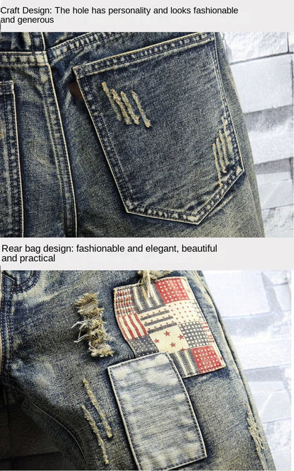 Ripped Short Jeans Men Vintage Denim Shorts Straight Hole Patch Plaid Hip Hop Fashion Knee Length Pants Streetwear