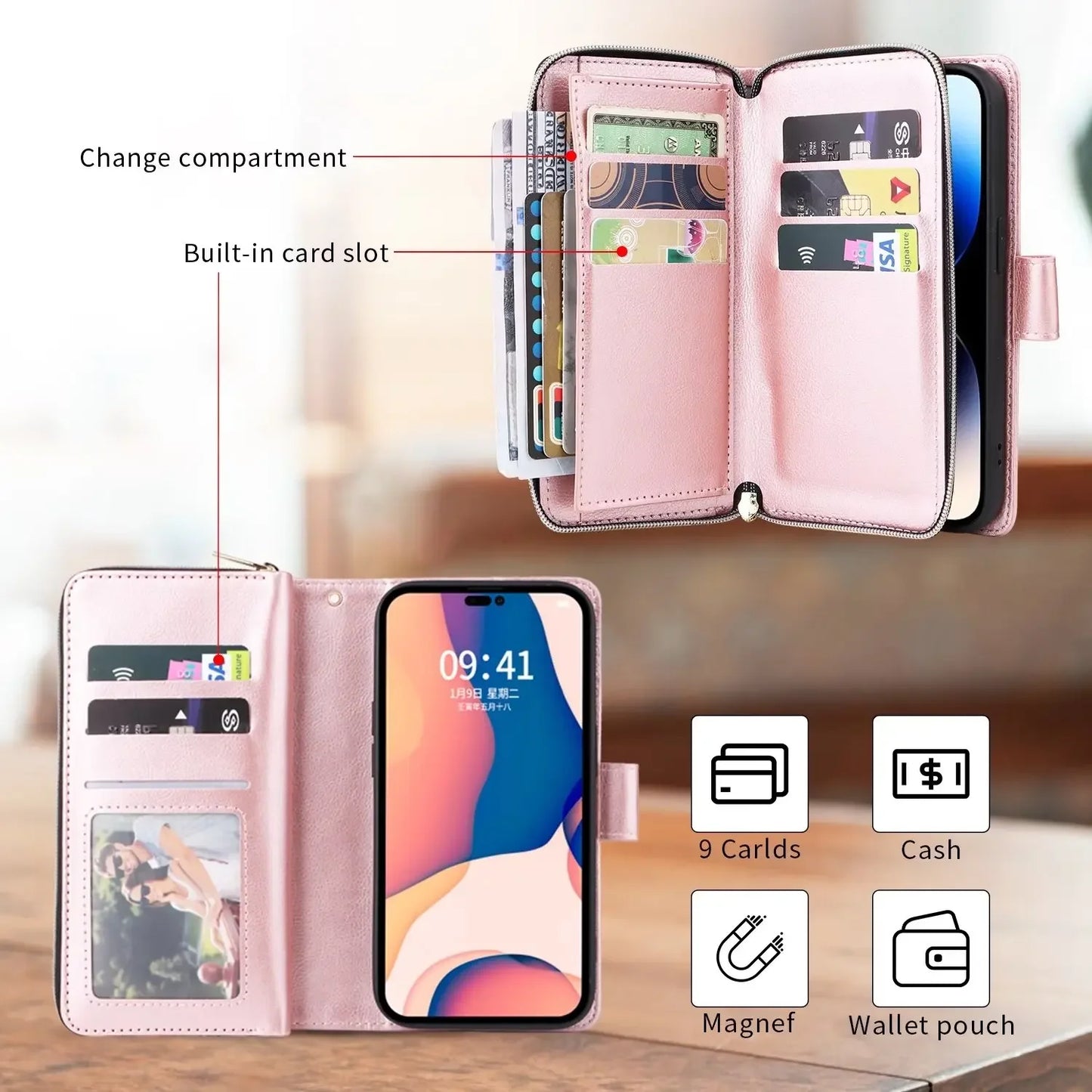 Double Layer Zipper Wallet Case with 9 Card Slots for iPhone 16 16E Pro Max 15 14 Plus13 12 Pro Max PU Leather Flip Cover