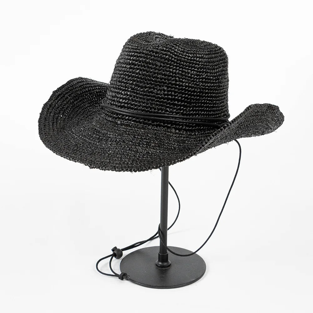 Hand-crocheted Natural Raffia Straw Cowboy Hat for Women Men Summer Wide Brim Sun Hat Outdoor Breathable Beach Caps