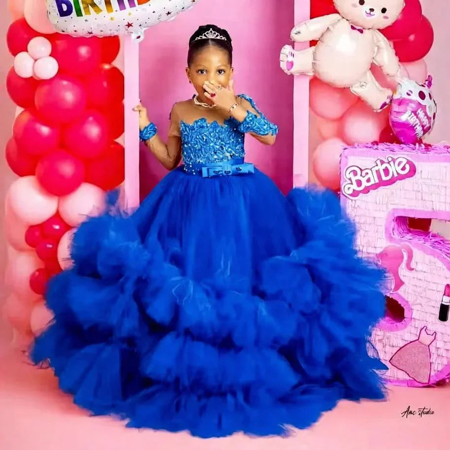 Fuchsia Princess Girls Birthday Party Dress Tiered Ruffles Long Sleeve Flower Girl Dresses for Wedding Kids Prom Gown Customized