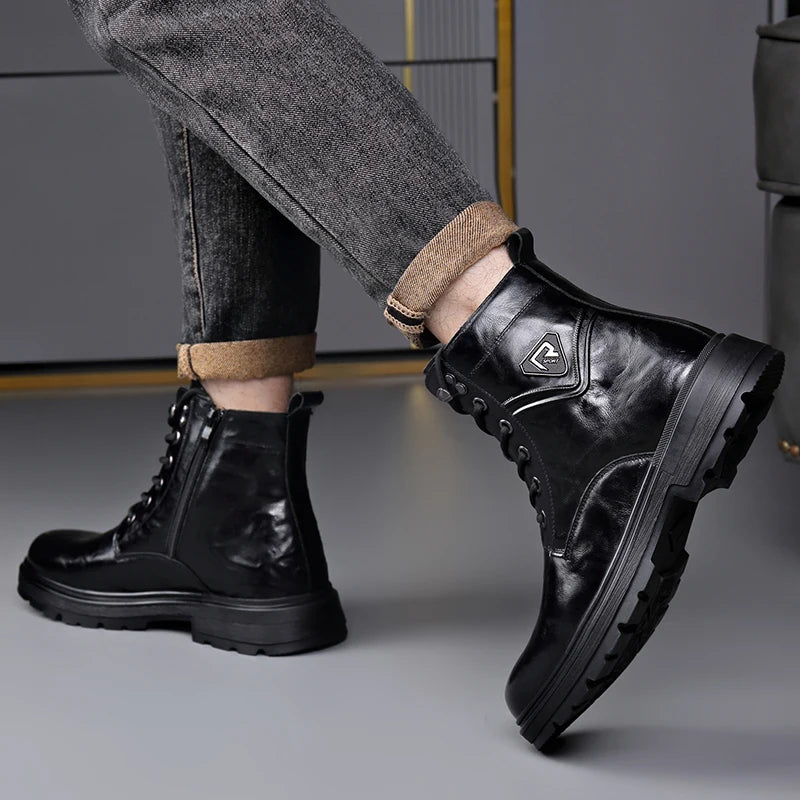 British Style Mens Winter Platform Snow Boots Fashion Genuine Leather Outdoor Antiskid Walking Ankle Boots Mens High Top Boots