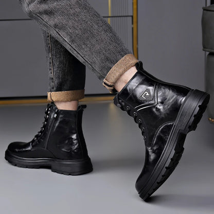 British Style Mens Winter Platform Snow Boots Fashion Genuine Leather Outdoor Antiskid Walking Ankle Boots Mens High Top Boots