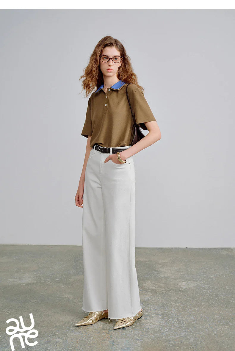Women Jeans 2026 Spring New Black Label Lycra Stretchy White Frayed Cuff Loose Wide-Leg Pants
