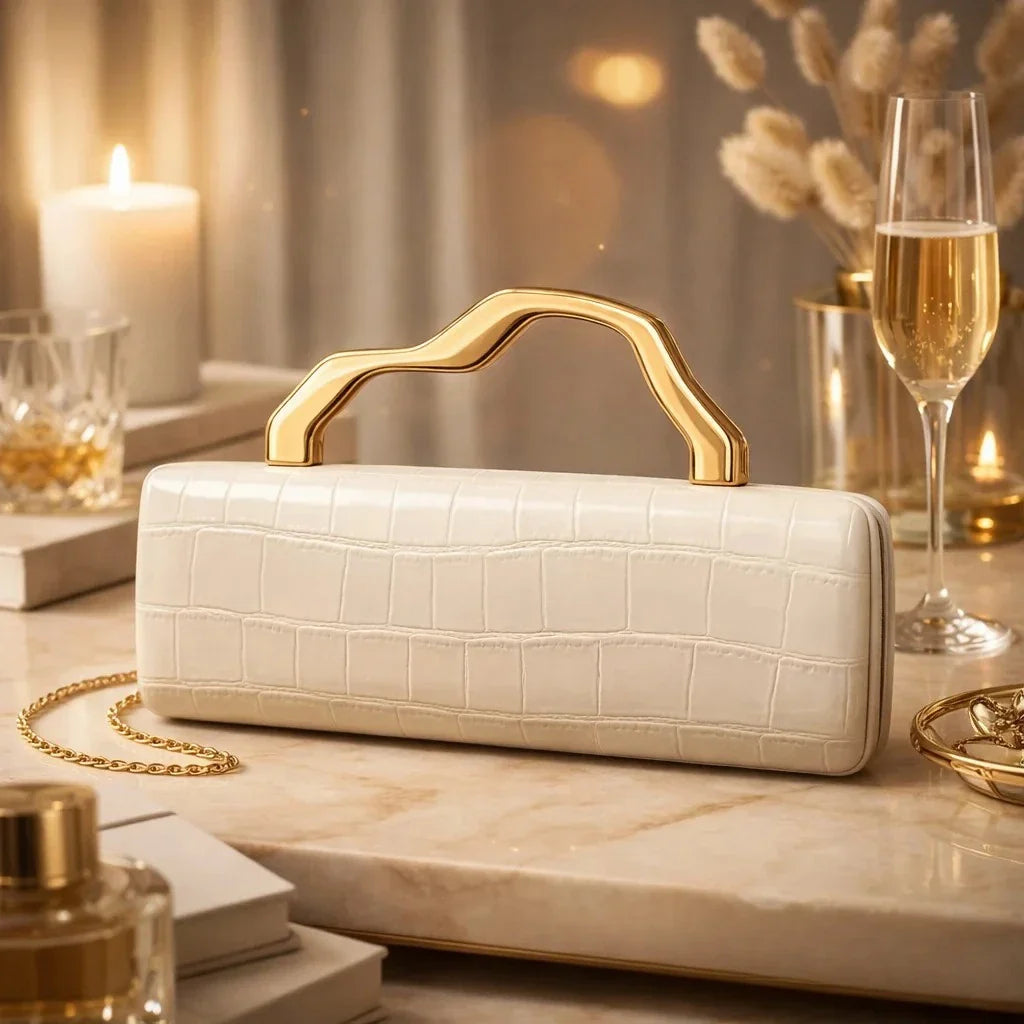 Luxury Burgundy Crocodile Pattern PU Evening Clutch with Gilded Shaped Handle for Ladies Fashionable Party Handbag