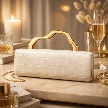 Luxury Burgundy Crocodile Pattern PU Evening Clutch with Gilded Shaped Handle for Ladies Fashionable Party Handbag
