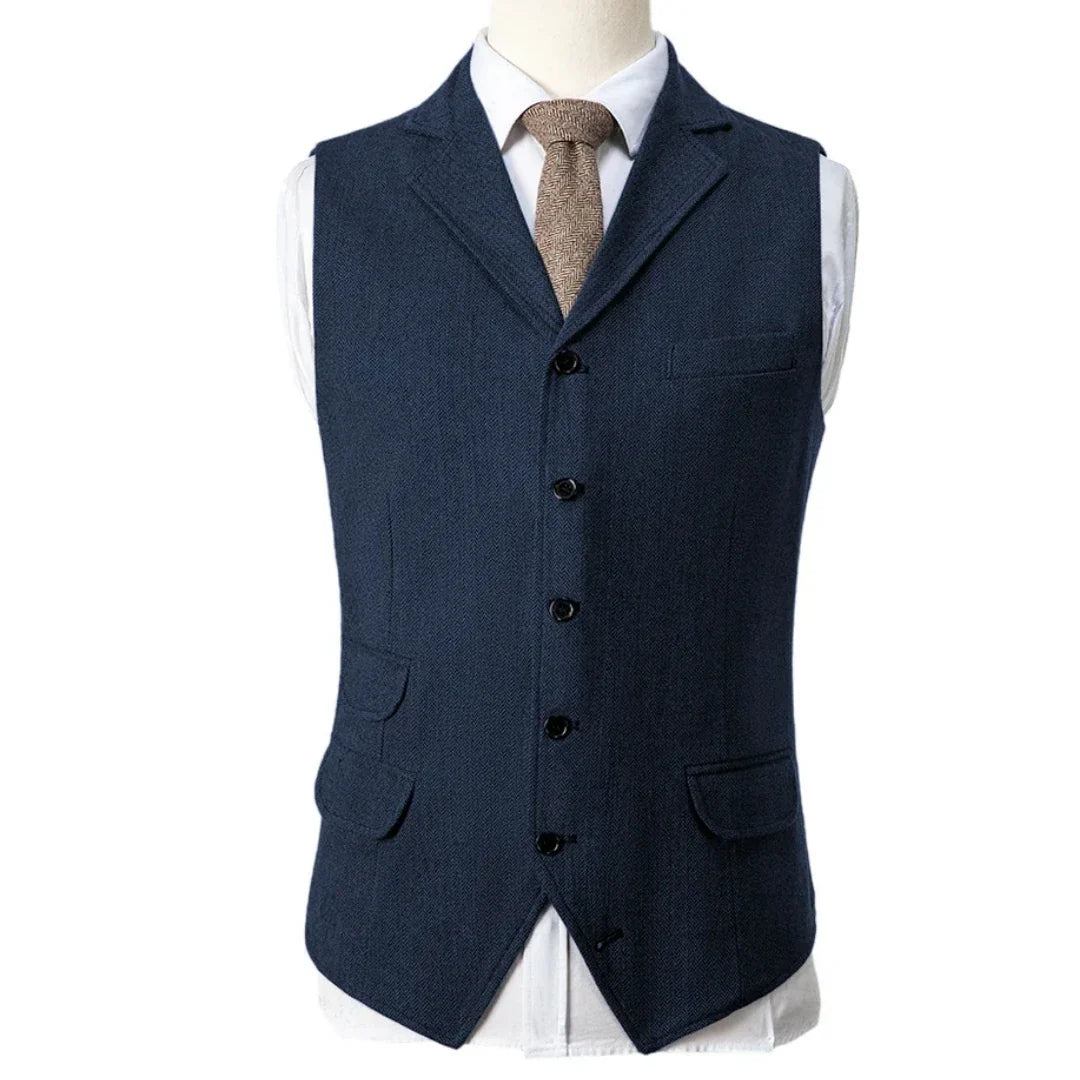 Men Vest Blue Herringbone Single Button With Lapel Waistcoat For Wedding Birthday Banquet Party Business Work Men Suit Vest