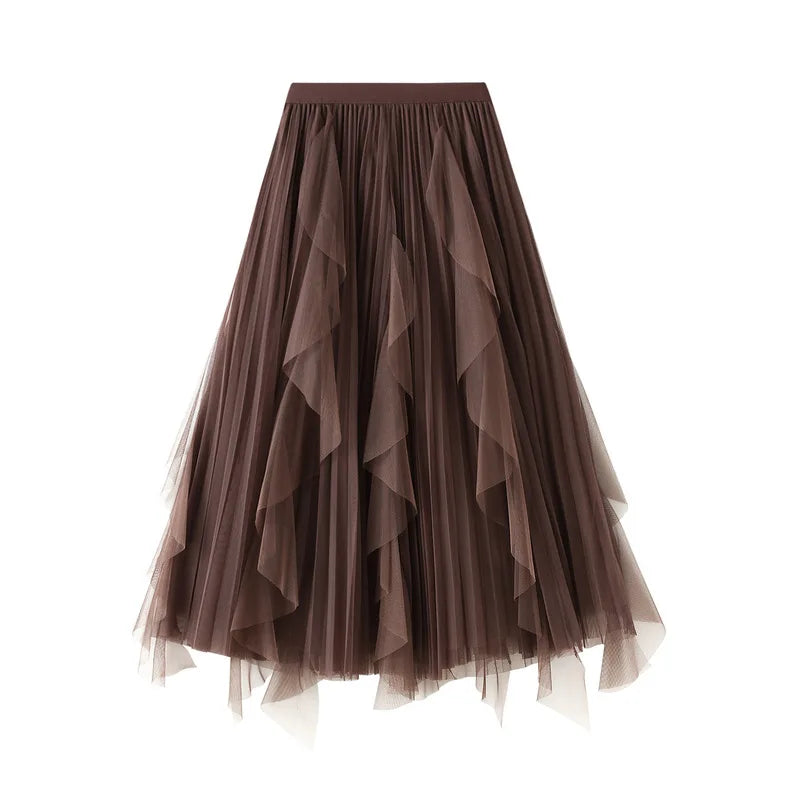 Women's Lotus Leaf Edge A Line Fairy Elastic Waist Tulle Skirt Midi High Waist Mesh Dress Solid Color Irregular Yarn Skirt D8808