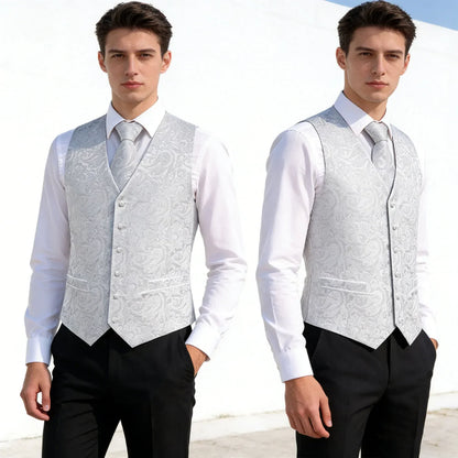 Men's Floral Vest & Tie Hanky Cufflinks Set – Formal Biege Grey White Waistcoat for Weddings Events Party Gift
