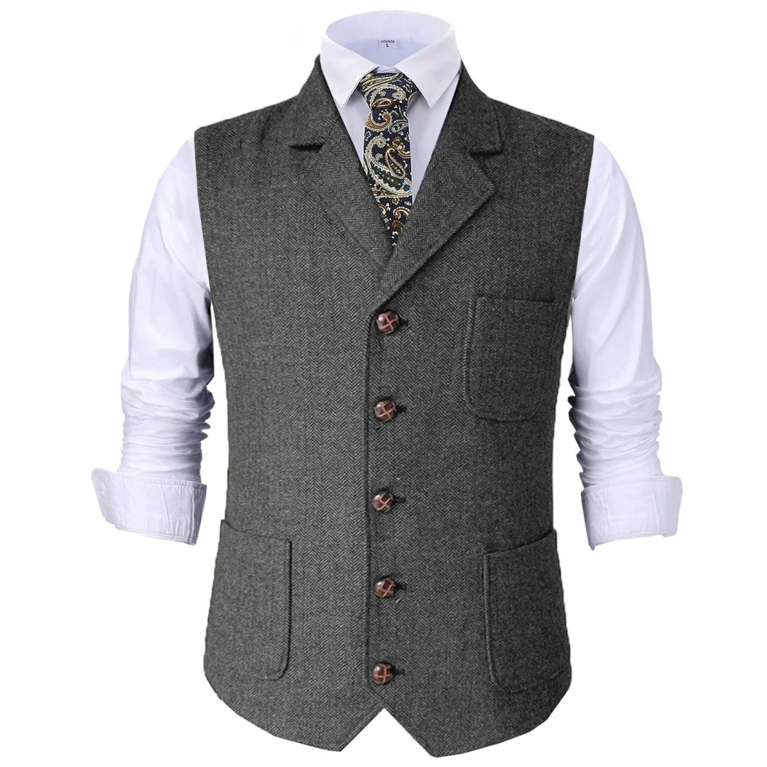 Men Vest Brown Herringbone With Lapel Waistcoat For Wedding Groom Banquet Business Casual Work Men Suit Vest