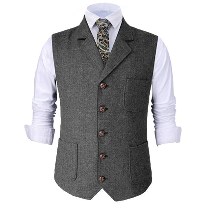 Men Vest Brown Herringbone With Lapel Waistcoat For Wedding Groom Banquet Business Casual Work Men Suit Vest