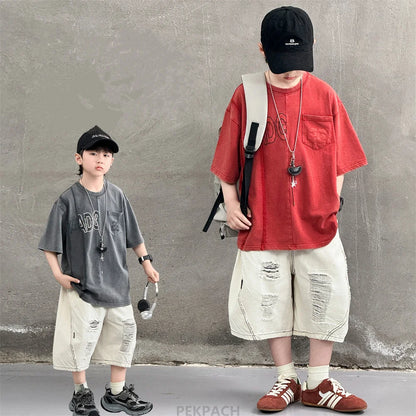 Cool Style Teenager Summer Set T-shirt And Ripped Denim Shorts Clothing Set for Kids Boy Age 7 To 14 Years Children Clothes Suit