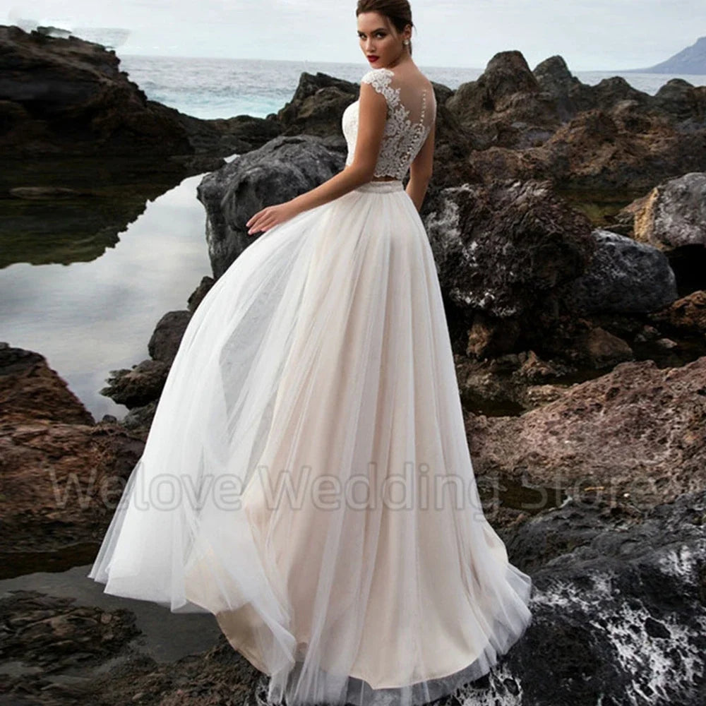 Cap Sleeves Two Piece Wedding Dress Scoop Neck with Applique Illusion Back A-Line Tulle Floor Length Bridal Marriage Gowns