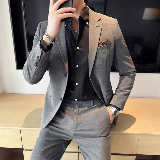 (Jacket + Pants) High End Brand Boutique Solid Color Mens Casual Business Office Suit Groom Wedding Dress Party Blazer Trousers