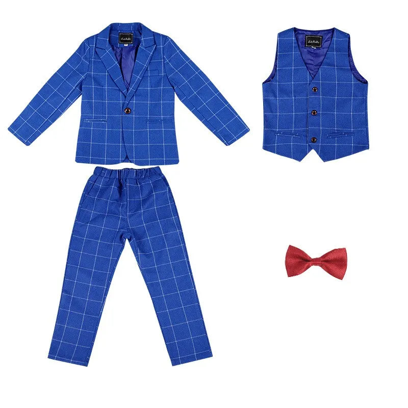 Boys Dark Green Formal Wedding Party Suit Children Blazer Vest Pants Tie 4 PCS Tuxedo Kids Performance Photography Dress Costume