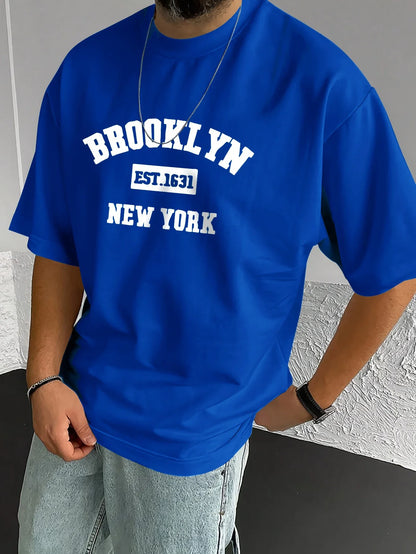 Men's summer 100% pure cotton fashionable casual loose sports Brooklyn pattern printed round neck short sleeved T-shirt top