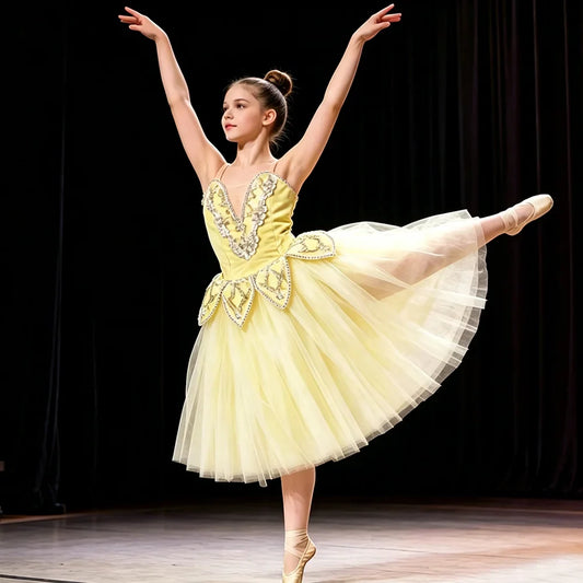 Girls' Ballet Dress Elegant Tulle Performance Leotard with Puffy Skirt for Dance Competitions & Recitals Contemporary Outfit