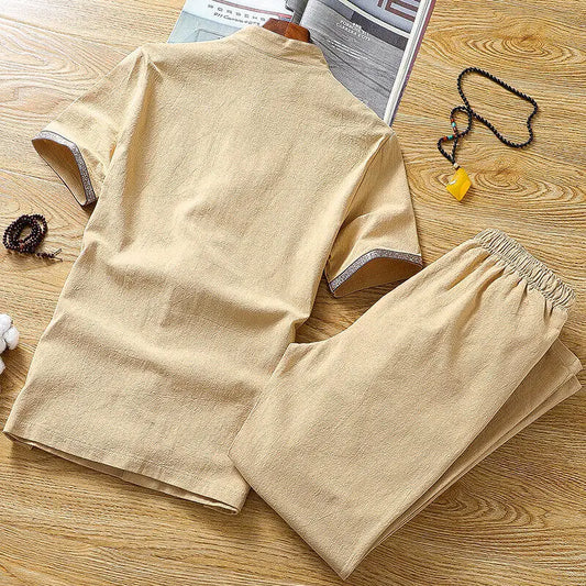 Summer Chinese style Shirts + Pants Dragon Embroried 100% Cotton linen Sportswear Men's Casual Sets Male Fashion Chinese style