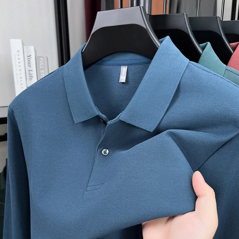 100%pure cotton autumn winter men's high-end designer fashionable long sleeved boutique button casual comfortable polo shirt top