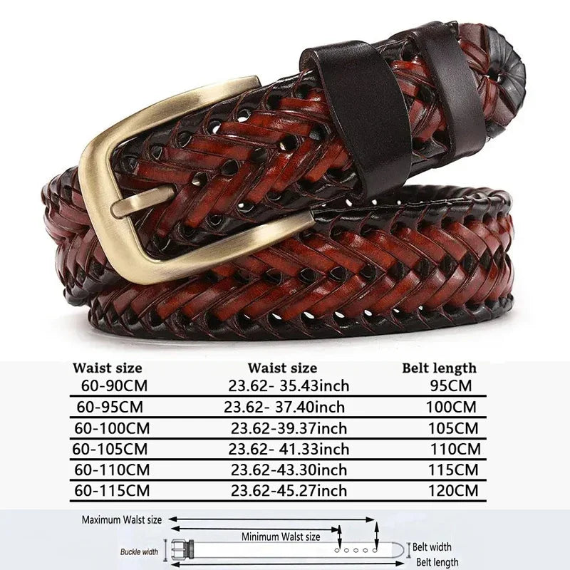 Men Genuine Leather Braided Belts Webbing High Quality Hand Vintage Belts for Men Gold Pin Buckle Casual for Jeans Strap HQ212