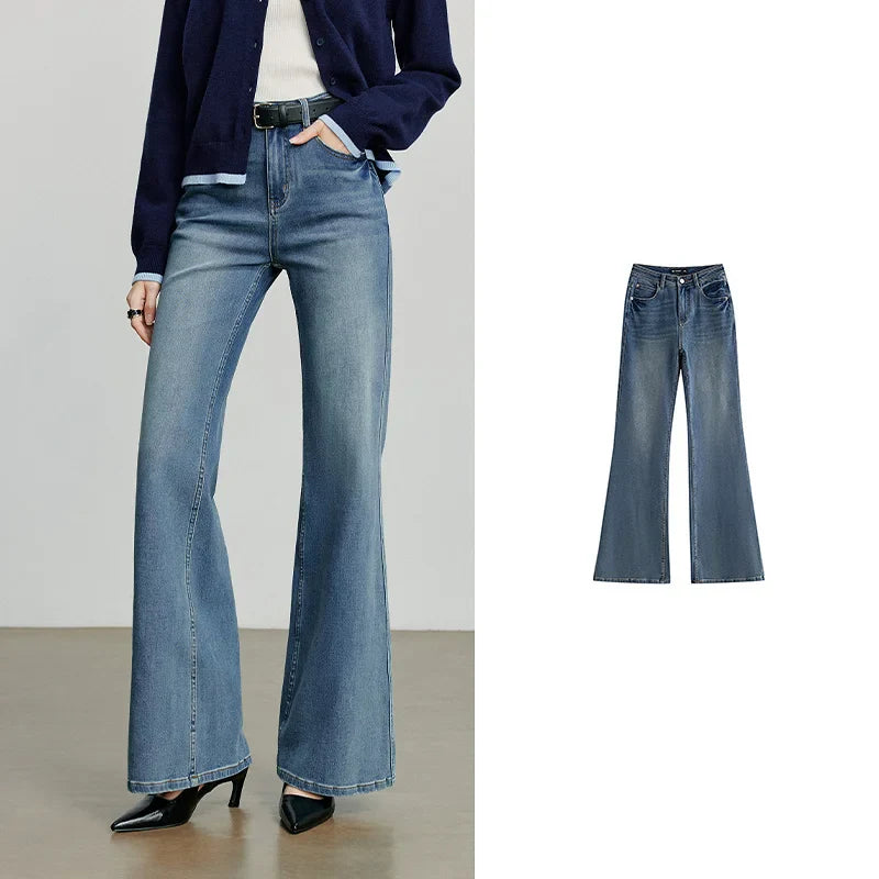 Women Denim jeans 2025 Autumn New Lycra Stretch Mid Waist Cotton Flares Pants