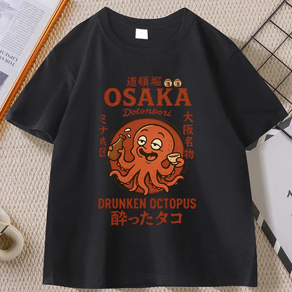 Japanese Style T-shirt drunken octopus Osaka Tshirt Seafood Men Women Graphic Tee Cotton Printed Short Sleeve T Shirt Streetwear