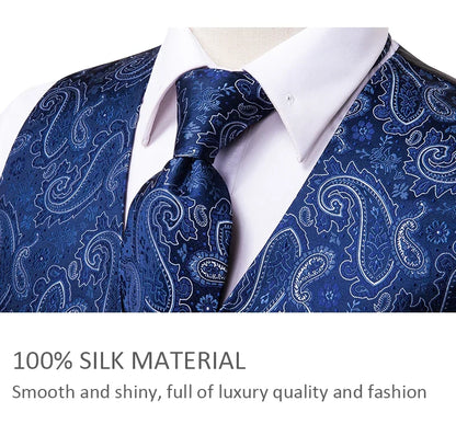 Elegant Purple Silk Mens Vests Tie Fashion Paisley Jacquard Sleeveless Jacket 4PC Hanky Cufflink Paisley Suit Waistcoats Wedding