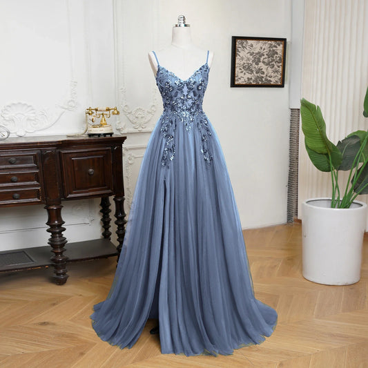 Sling Evening Dresses Sexy Spaghetti Straps V-Neck Illusion Sequins Appliques Prom Dress A-Line Train High Split Gowns