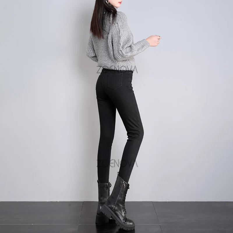 New Women Thick Velvet Jeans Fleece Warm Korean Fashion High Waist Skinny Elastic Pants Jean Casual Legging Winter 2023