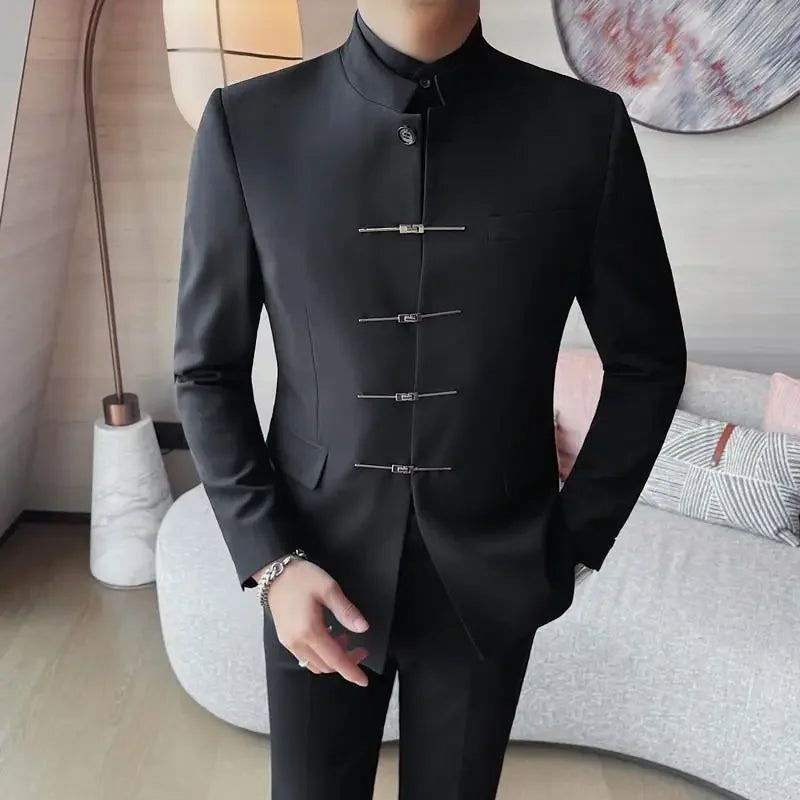 Chinese Style Stand Up Collar Suit Jacket for Men High Quality Mens Slim Fit Casual Social Wedding Dress Coat Men's Clothing