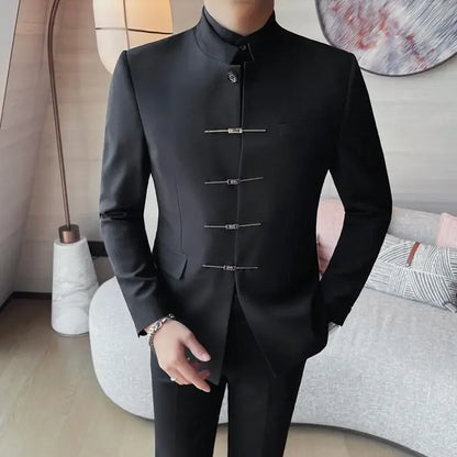 Chinese Style Stand Up Collar Suit Jacket for Men High Quality Mens Slim Fit Casual Social Wedding Dress Coat Men's Clothing