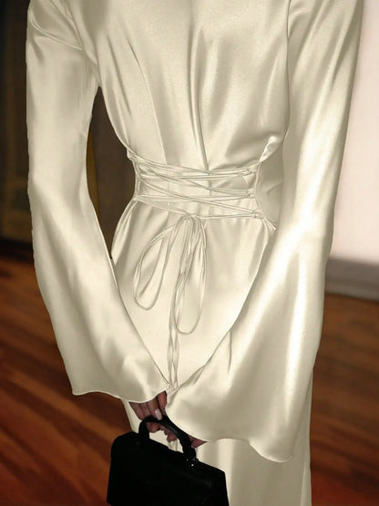 Women's Bespoke Satin Maxi Dress with Corset Waist Tie Classic Round Neck & Dramatic Flared Sleeves Luxury Evening Dress