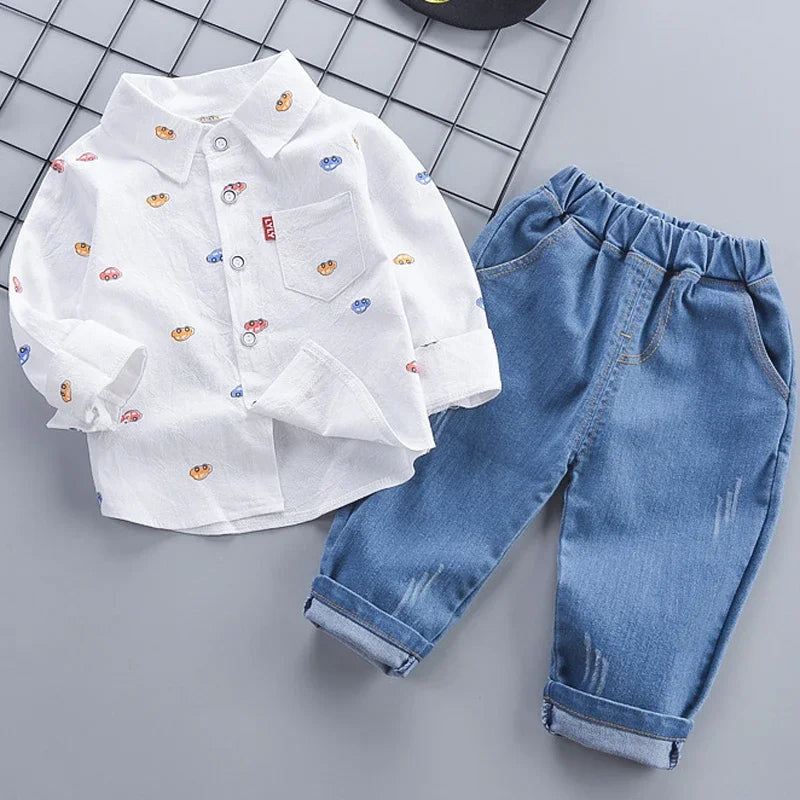 1-5 Years Spring Autumn Handsome Boys Clothing Set Full Sleeve Little Car Pattern Shirt+Jeans 2Pcs Suit For Kids Children Outfit