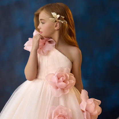 Customized Flower Girl Dress Pink Tulle Flowers Single Shoulder For Wedding Birthday Party Holy Communion Banquet Princess Gown