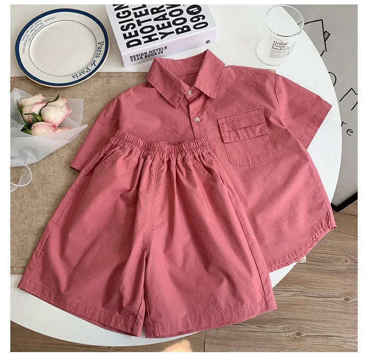 Summer Baby Boys Cotton Stylish Plain Pink Short Sleeve Shirt Top+Shorts Pant Set Kids 2PCS Suit Children Vacation Outfit 1-8Yr