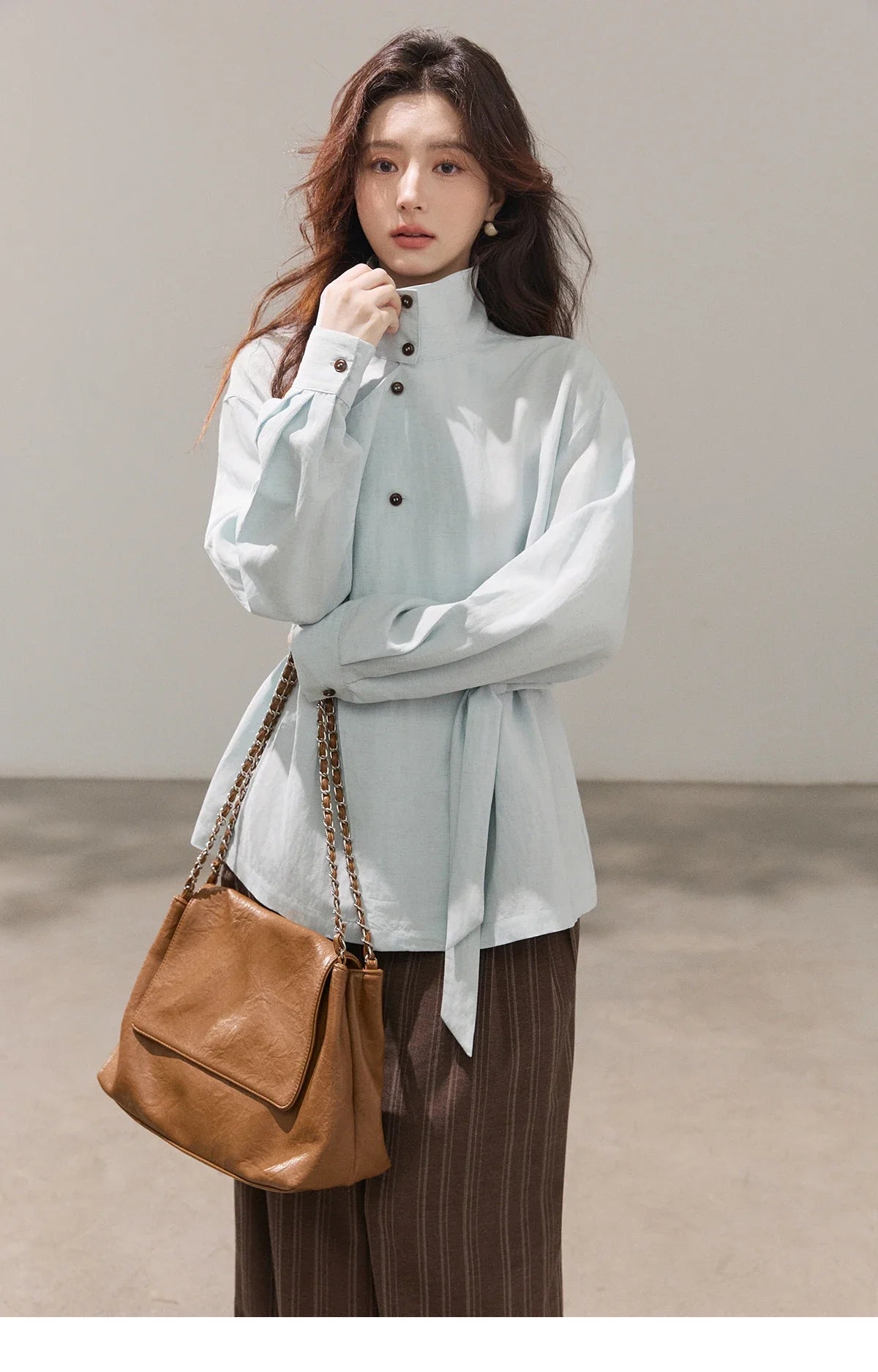 Women's Stand Collar Long Sleeve Shirts Spring Belted Waist Asymmetric Button Tops Casual Loose Solid Shirt MXF13C2459