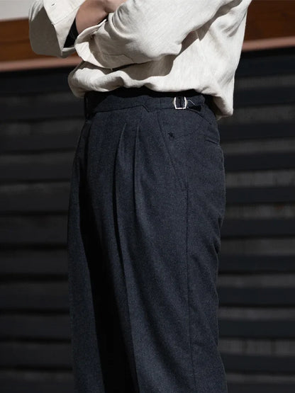 Flannel wool Italian casual Parisian button tapered gray trousers for men Naples Retro Slim fit