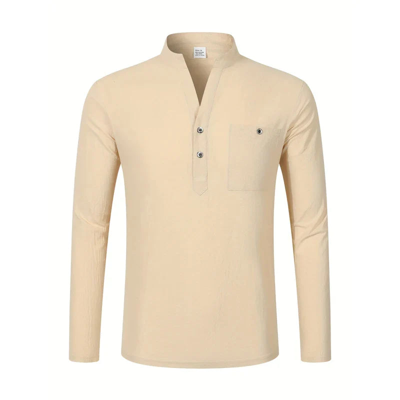 Men Mandarin Collar Long Sleeve Henley Cotton Linen Shirt Chest Pocket Breathable Beach Travel Daily Casual V Neck Top