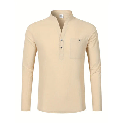 Men Mandarin Collar Long Sleeve Henley Cotton Linen Shirt Chest Pocket Breathable Beach Travel Daily Casual V Neck Top