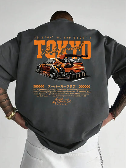Men's Summer 100% Cotton Fashionable Casual Loose Large Size Japanese Tokyo Pattern Printed Round Neck Short Sleeve T-shirt Top