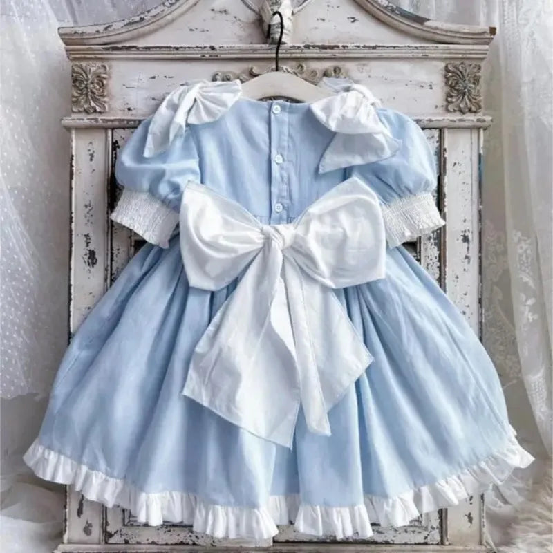 Baby Girl Princess Cotton Bow Pearl Dress Infant Toddler Child Ruffled Spanish Blue Vestido Birthday Party Baby Clothes 18M-7Y