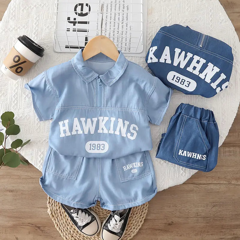 Children Cotton Clothes Summer Child Boy Cartoon Denim Solid Shirt Short 2Pcs/set Infant Kid Fashion Toddler Tracksuit 0-5 Years