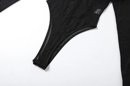 Weird Puss Coquette See Through Bodysuit Women Sexy Wild Mesh Hipster Patchwork Full Sleeve Midnight Stretch Street Clubwear