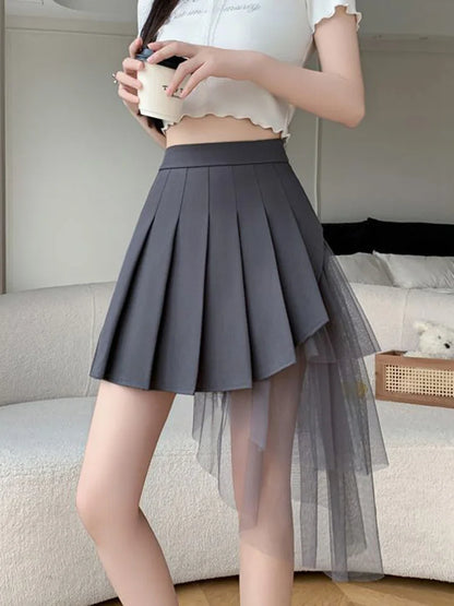 Mesh Patchwork Pleated Skirts Women High Waist Fashion Slim Sexy Mini Skirt Korean Sweet Preppy Style Spring Summer A Line Skirt