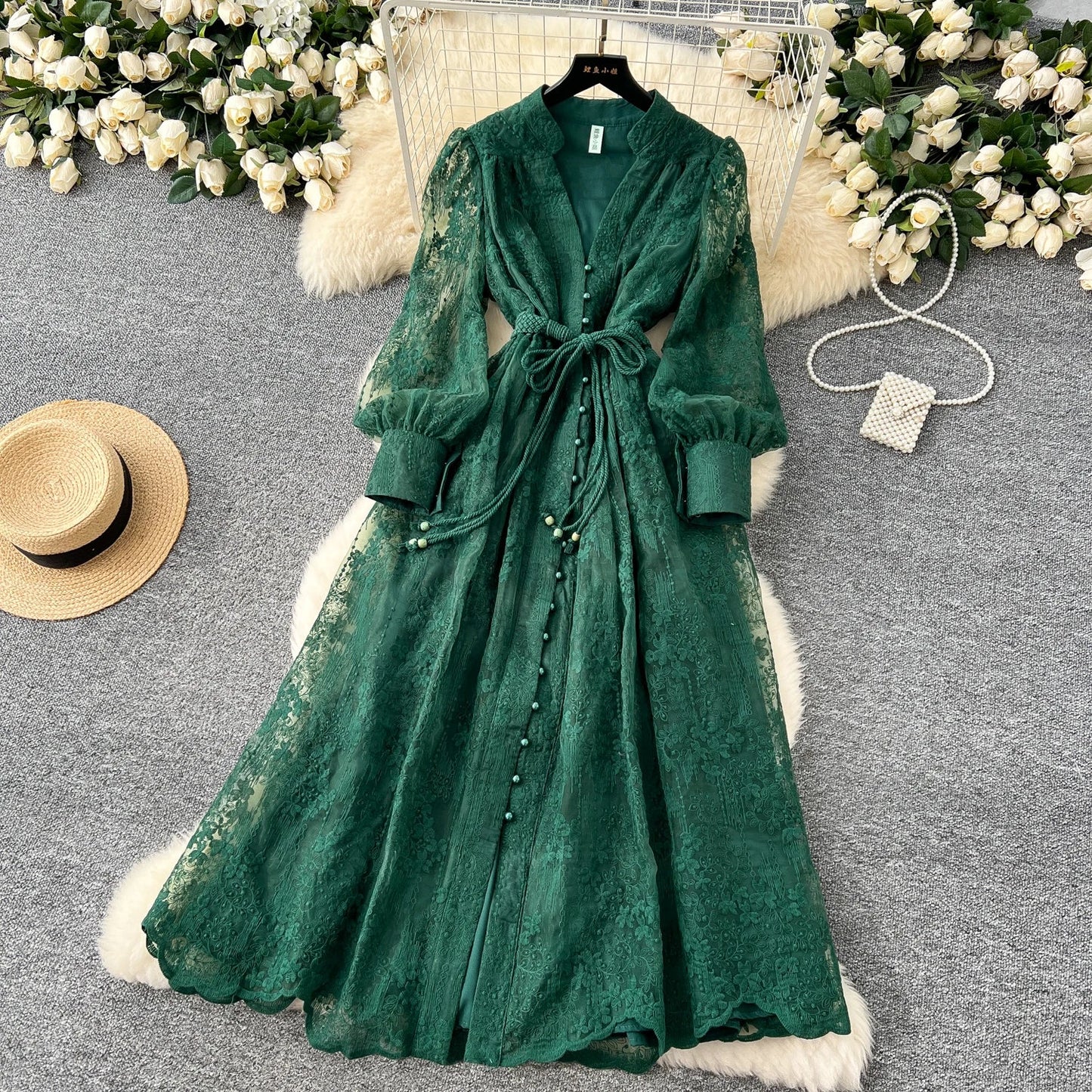 High-End Women's Dress Heavy Embroidery A-Line Long Skirt V-Neck Lantern Sleeve Single Button High Waist Korean Style Commute